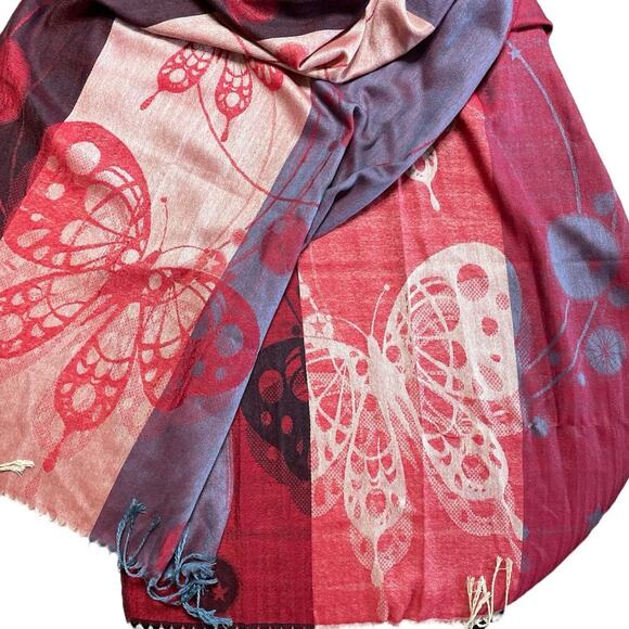 Reversible Red & Tan Butterfly Star Woven Pashmina Shawl Wrap - Picture 4 of 4